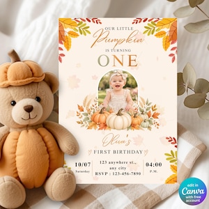 Convite de aniversário de um ano com tema de abóbora, modelo de foto para festa de abóboras, convite de aniversário de menina com tema de outono em Canva.