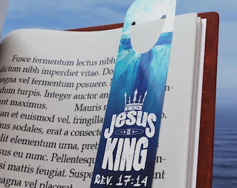 Marcapáginas Jesús es Rey: Regalo cristiano de acuarela azul