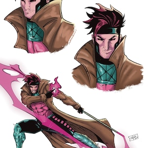 Pode incluir: Ilustração em quadrinhos do personagem Gambit da Marvel Comics. A imagem apresenta três representações de Gambit, incluindo uma pose de corpo inteiro com uma bengala de energia rosa. Ele usa um sobretudo marrom, armadura verde-azulado e rosa e calças pretas.
