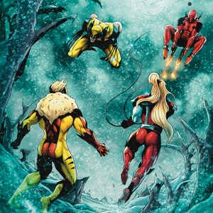 May include: A comic book illustration of four superheroes in a snowy landscape. The characters are wearing yellow, red, and black costumes. The background is a snowy forest with a full moon in the sky.