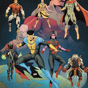 May include: Comic book illustration featuring multiple superheroes in dynamic poses against a space background. Characters wear colorful costumes, including red, yellow, blue, and black. The artwork has a detailed, action-oriented style.