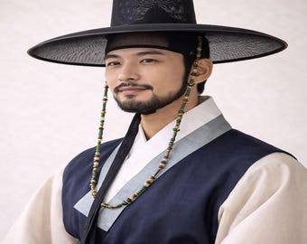 Traditional Korean Gat Set with Beaded Chin Strap and Sangtu Headband | Hanbok Accessory