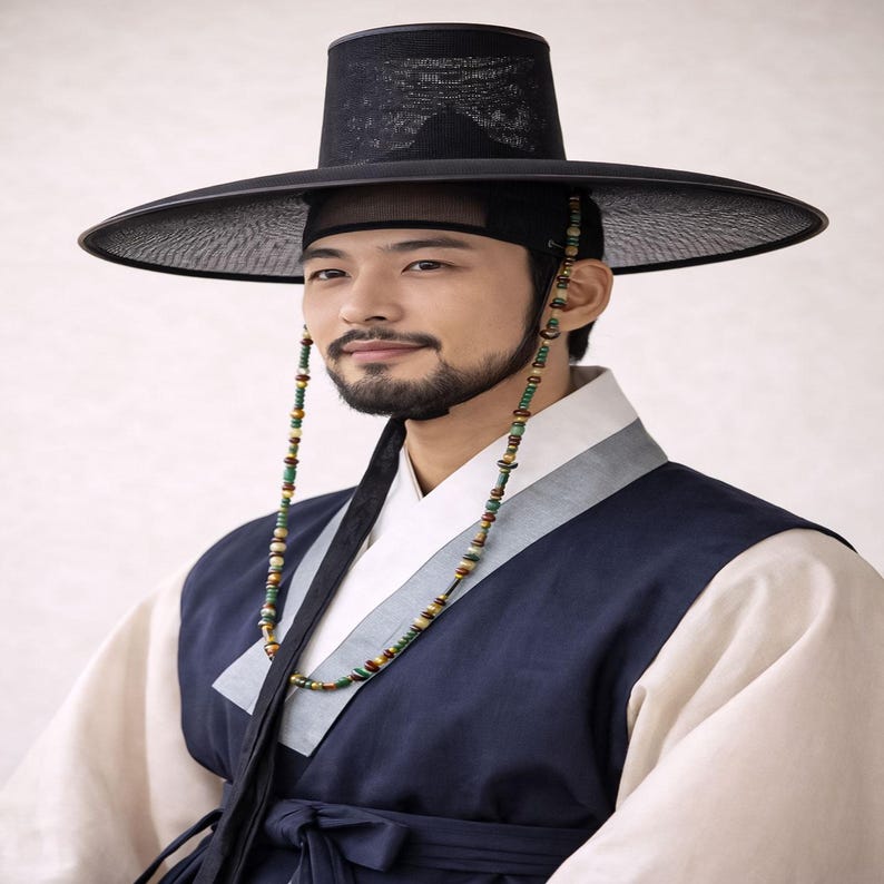 Traditionelles koreanisches Gat Set mit Perlenkinnriemen und Sangtu Stirnband | Hanbok Zubehör Bild 1