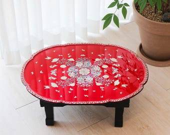 Handmade Korean Mother-of-Pearl Foldable Table with Peony & Butterfly Inlay | Najeon Chilgi Tea Table