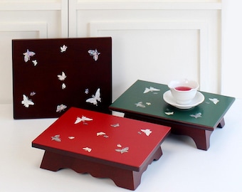 Korean Butterfly Mini Tea Table – Handmade Mother-of-Pearl Najeon Chilgi Inlay Table (Red, Green, Brown)