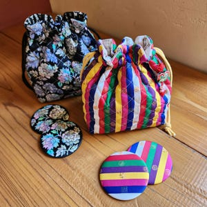 Handmade Korean Silk Quilted Pouch, Traditional Drawstring Bag, Gift Set with Mirror & Charm