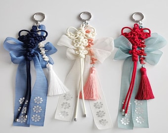 Korean Norigae Tassel Keychain – Traditional Wing Knot with Coral Accent, Custom Color Hanbok Accessory, Lucky Bag Charm