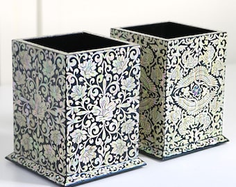 Korean Mother-of-Pearl Pen Holder – Handmade Pencil Organizer with Traditional Bird or Peony Design