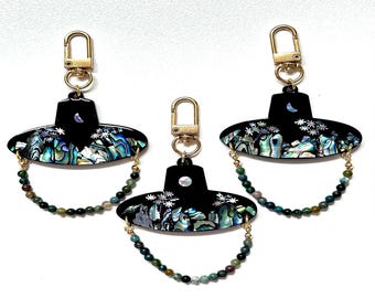 Korean Mother-of-Pearl Gat Keychain | Handmade Nacre Pendant & Gemstone Strap