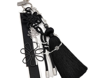 Black & Silver Norigae Keychain – Handmade Korean Dahlia Knot Tassel Charm | Minimalist Gift