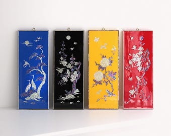 韓国産螺鈿美術パネル：横長、貝殻全体に菊模様 - Etsy 日本
