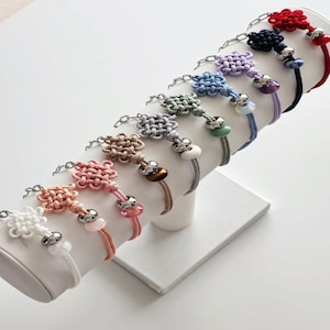 Korean Knot Bracelet with Gemstone – Traditional Flower Maedeup, Surgical Steel Chain, Custom Color