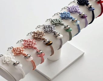 Korean Knot Bracelet with Gemstone – Traditional Flower Maedeup, Surgical Steel Chain, Custom Color