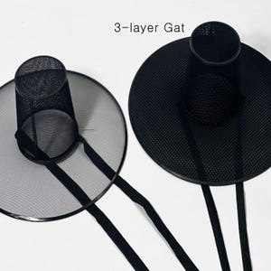 K&ouml;nnte beinhalten: Zwei schwarze H&uuml;te mit Mesh-Design und breiten Krempen werden vor wei&szlig;em Hintergrund gezeigt. Die H&uuml;te haben eine zylindrische Krone und ein Banddetail. Der Text "3-layer Gat" ist oben links sichtbar.