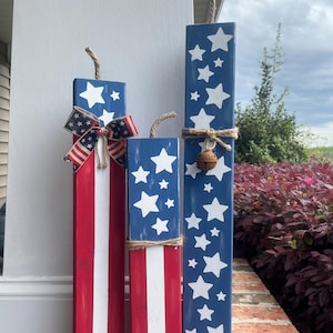 Rustic Patriotic Wood Firecracker Set – Stars and Stripes Red, White & Blue – Set of 3, Wooden firecrackers, 4th of July, Holiday Decor