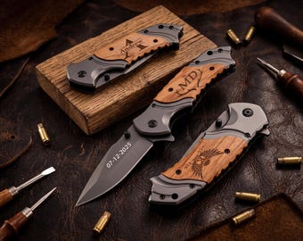 Coltello tascabile personalizzato con incisione personalizzata, coltello pieghevole con manico in legno, multiutensile, regalo per papà, testimoni dello sposo, marito, regalo per il padre