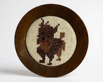 Vintage Cross Stitch Dog in Round Wooden Frame