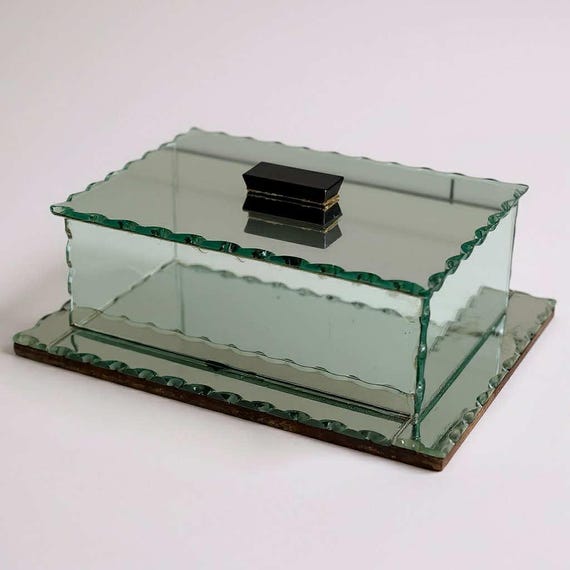 Vintage Mirrored Vanity Box with Scalloped Glass Edges | Art Deco Style Trinket or Jewellery Box
