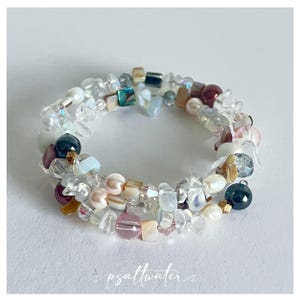 Beaded Bracelet Wrap - Moonstone, Shell, Clear Glass Chips, Faux Pearl, and Abalone