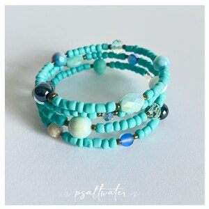 Beaded Bracelet Wrap - Teal Beads, Faceted, and other mixed glass