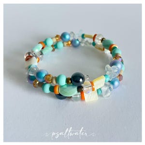 Beaded Bracelet Wrap - Moonstone, Faceted Glass, Aqua Glass, Shell Squares