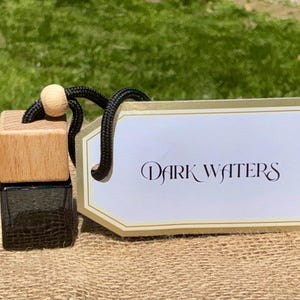 May include: A small, wooden block with a black glass container and a black cord, topped with a wooden bead. A white tag with the words "Dark Waters" in elegant script is attached.