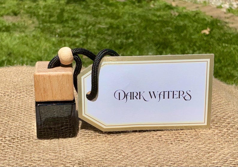 Peut inclure: Un petit bloc de bois avec un r&eacute;cipient en verre noir et un cordon noir, surmont&eacute; d'une perle en bois. Une &eacute;tiquette blanche avec les mots "Dark Waters" en &eacute;criture &eacute;l&eacute;gante est attach&eacute;e.