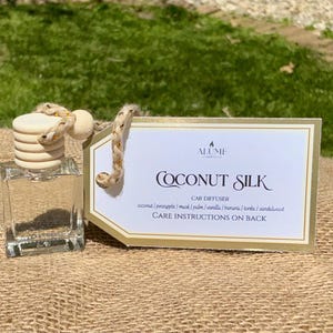 May include: A clear glass car air freshener with a wooden top and a tag that reads "Coconut Silk." The tag lists the scent's ingredients and the brand name "Alume."