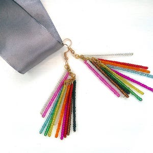 Progress Pride Earrings - Rainbow Glass Bead Tassels, 14K Gold Hooks