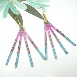 Androgyne Pride Earrings, Blue and purple glass bead tassels, Queer pride jewelry