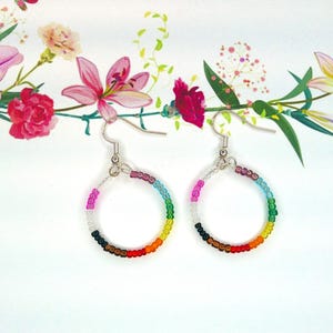 Progress Pride Dangle Earrings - Rainbow Beaded Sterling Hoops