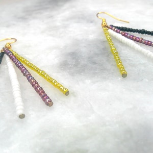 Non Binary Pride Dangle Earrings - Handmade Grey Yellow Beaded Tassel Earrings