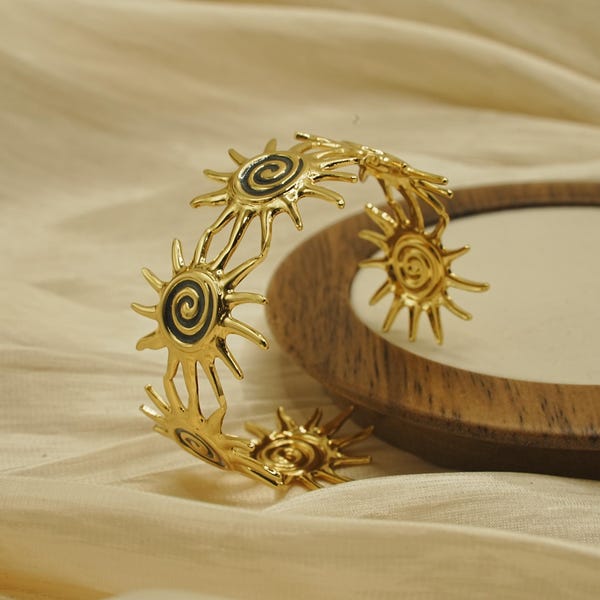 Gold Sunburst Spiral Cuff Bracelet- Adjustable Open Bangle, Artistic Sun Bracelet