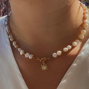Freshwater Pearl Choker Necklace: Gold Sun Pendant, Handmade Jewelry