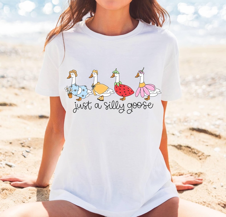 May include: White t-shirt featuring a whimsical illustration of four geese dressed in various outfits, including a dress, a cape, and a strawberry costume. The phrase "just a silly goose" is written below the geese in a playful font.