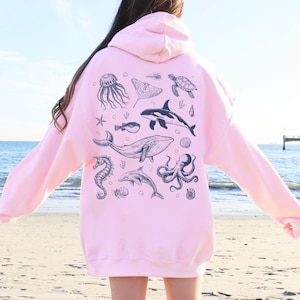 Underwater Sea Animal Words on Back Hoodie, Ocean Life Hoodie, Aesthetic Beach Hoodie,Save The Shark,Summer Vibes Hoodie,Animal Lover Hoodie