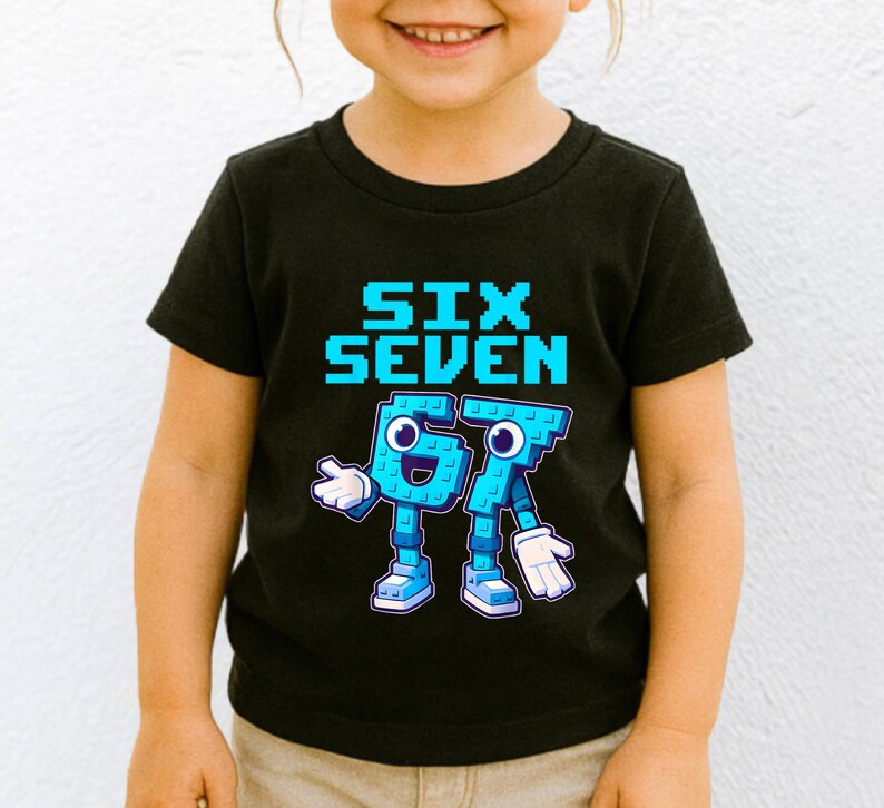 May include: Black t-shirt with the words "SIX SEVEN" in pixelated blue letters. Below the text are the numbers "67" designed as cartoon characters with blue bodies, white gloves, and blue shoes.