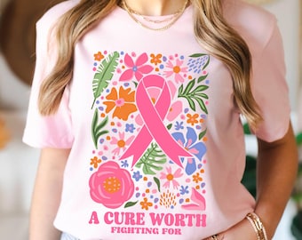 Boho Floral Breast Cancer Awareness Shirt, Pink Ribbon Support Tee