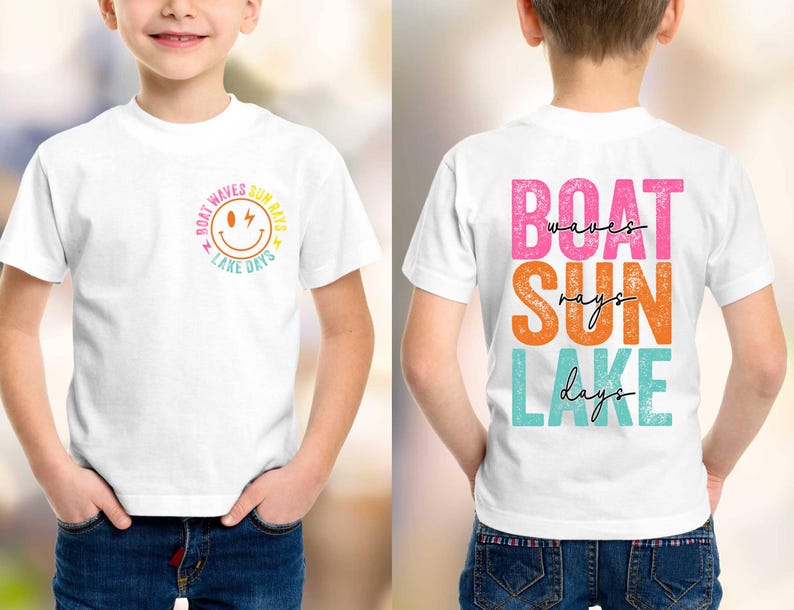 May include: White t-shirt featuring the text "Boat Waves Sun Rays Lake Days" in a smiley face design on the front. The back of the shirt displays the words "Boat Waves Sun Rays Lake Days" in vibrant, stacked lettering.