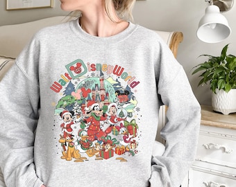 vintage sweat-shirt de Noël Mickey et ses amis, sweat-shirt de Noël de la famille Disney, pull de groupe de Noël rétro Walt Disney World