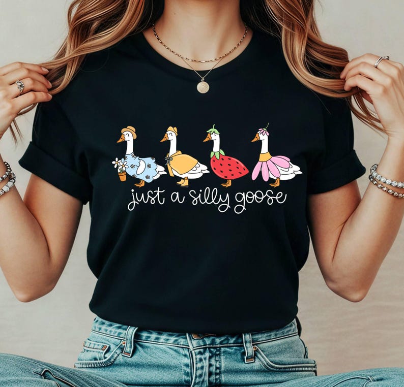 May include: Black t-shirt featuring a whimsical design of four geese dressed in various outfits, including a floral dress, a yellow cape, a strawberry costume, and a pink tutu. The text "just a silly goose" is written below the geese.