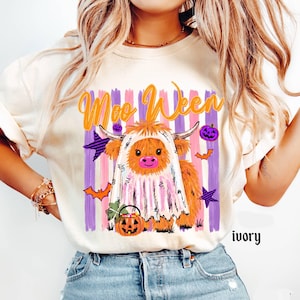 Comfort Colors© Funny Summerween Shirt Moo Ween Striped Halloween Highland Tee, Spooky Season, Cute Fall Cow Ghost T-shirt