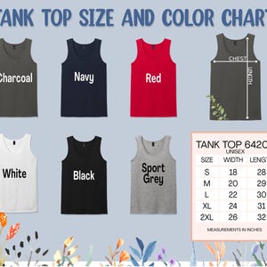 Op de afbeelding: Een maattabel en kleurenkaart voor tanktops toont zes tanktops in verschillende kleuren: houtskool, marineblauw, rood, wit, zwart en sportgrijs. De tabel bevat een maattabel met afmetingen in inches voor unisex tanktops.