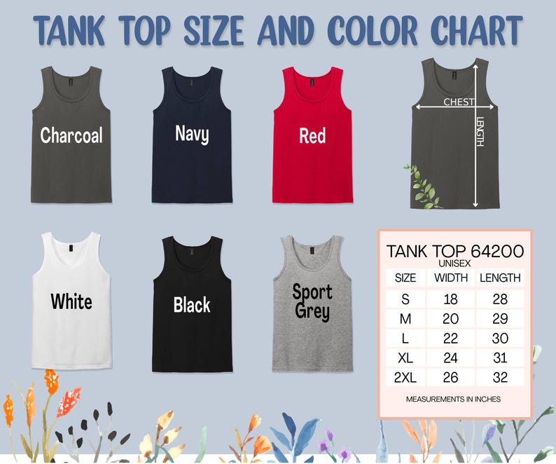 Op de afbeelding: Een maattabel en kleurenkaart voor tanktops toont zes tanktops in verschillende kleuren: houtskool, marineblauw, rood, wit, zwart en sportgrijs. De tabel bevat een maattabel met afmetingen in inches voor unisex tanktops.
