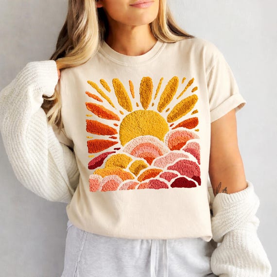 Sunset Beach Shirt, FAUX Chenille Summer T-Shirt, Ocean Sunset Tee, Coastal Aesthetic Shirts,  Summer Vacation Gift