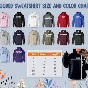 Peut inclure: Tableau des couleurs pour sweat-shirts &agrave; capuche, avec des couleurs comme rose clair, noir, blanc et marine. Le tableau comprend un guide des tailles avec des mesures de poitrine et de longueur en cm, et une personne portant un sweat &agrave; capuche noir.