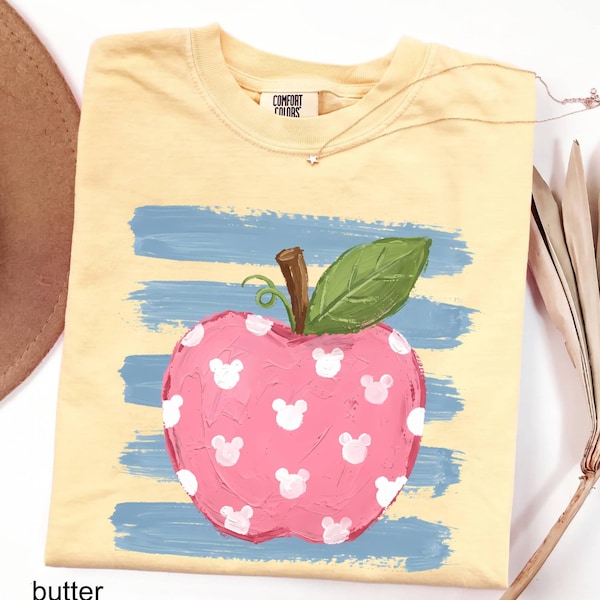 Comfort Colors© Retro Teacher Apple Disney Shirt, Brushstroke Striped Back To School Tee, Teacher Appreciation First Day Of School T-Shirt