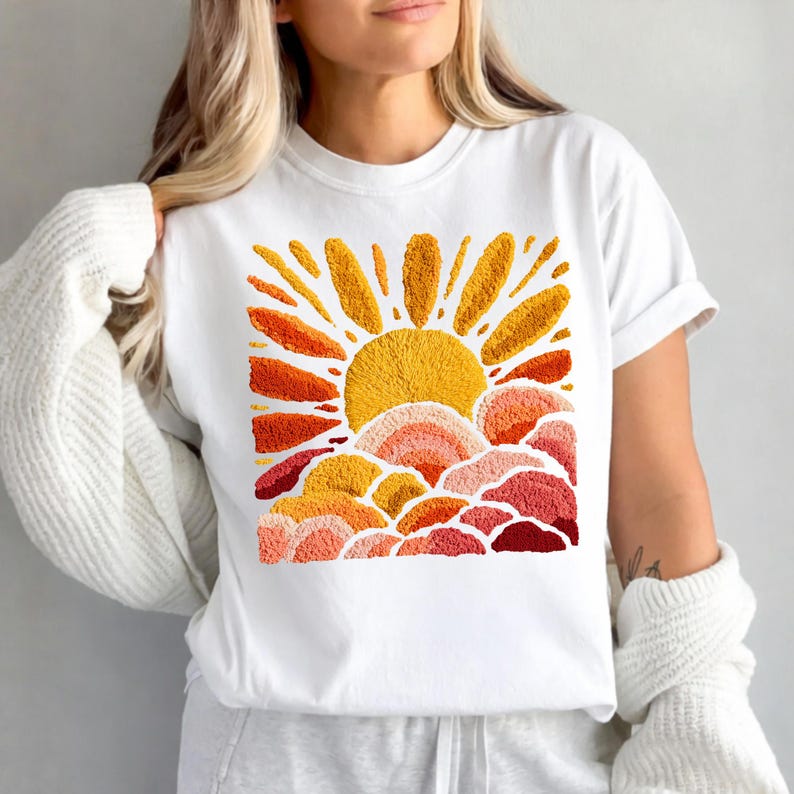 Sunset Beach Shirt, FAUX Chenille Summer T-Shirt, Ocean Sunset Tee, Coastal Aesthetic Shirts, Summer Vacation Gift image 2