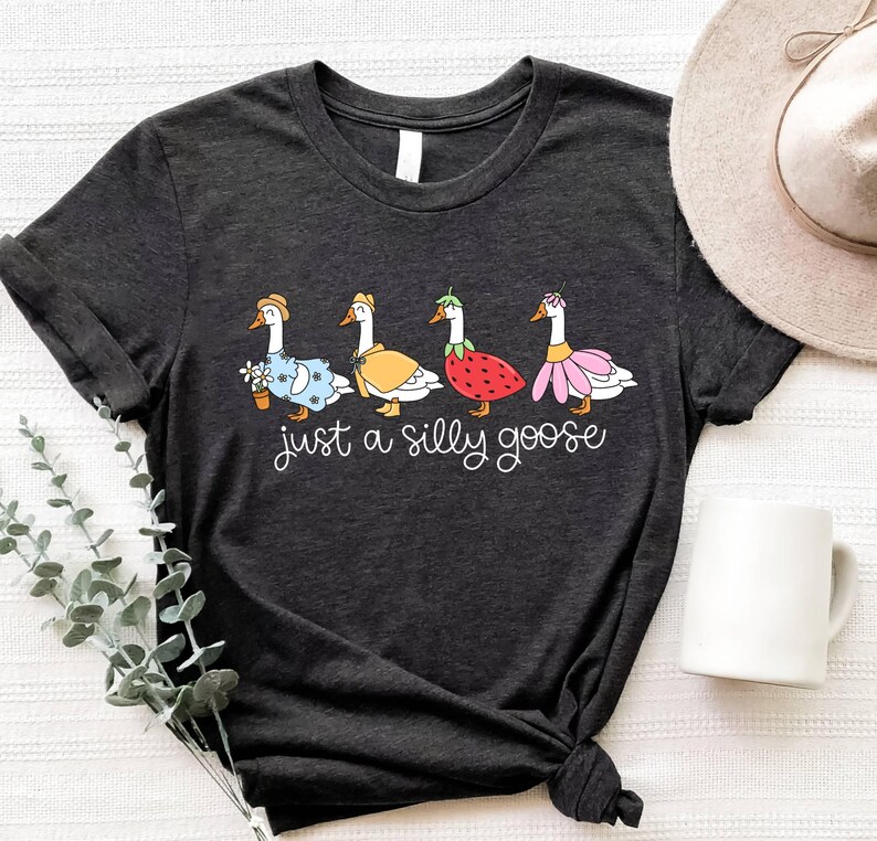 May include: Dark gray t-shirt featuring a whimsical illustration of four geese dressed in various outfits, including a floral dress, a yellow cape, a strawberry costume, and a pink flower dress. The text "just a silly goose" is written below the geese in a cursive font.