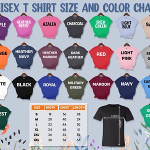 May include: A unisex t-shirt colour chart displaying shades such as purple, black, and green. The chart includes a size guide with measurements in inches, equivalent to cm, for width, chest, and length, plus a black t-shirt with measurement lines.